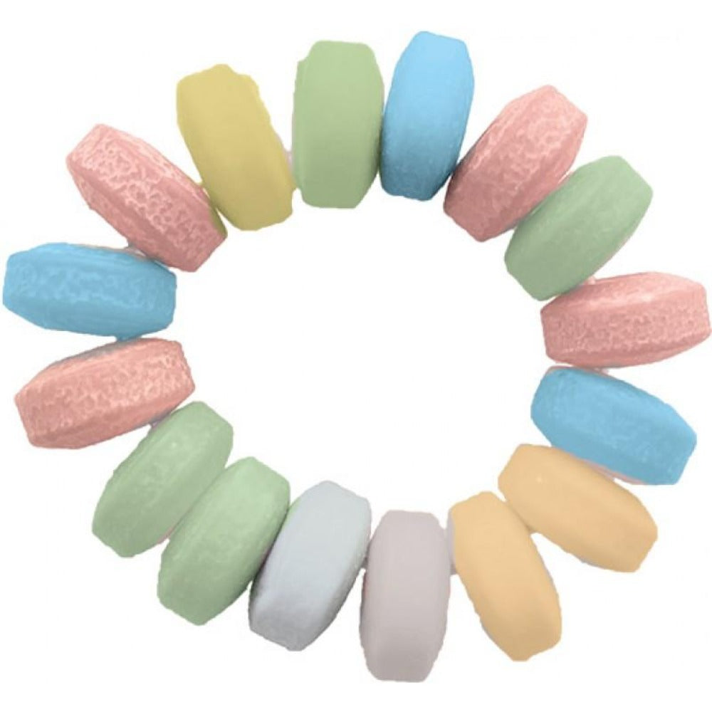 A ring of colorful, oval-shaped edible candy pieces.