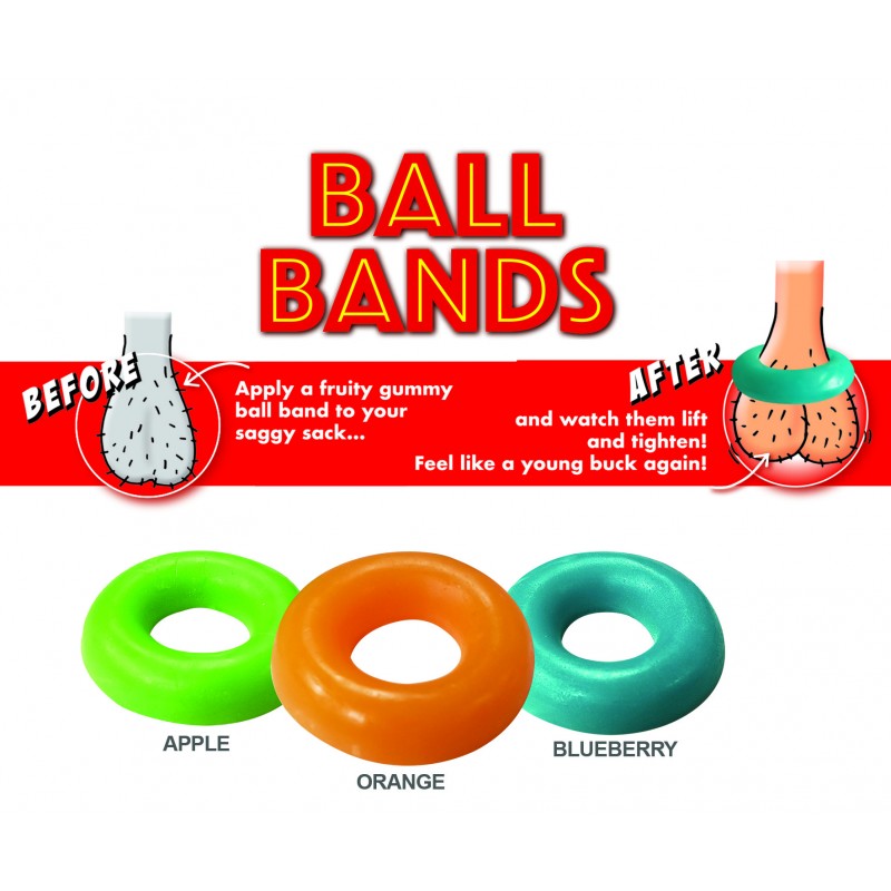 Three edible gummy cock rings in apple, orange, and blueberry flavors.