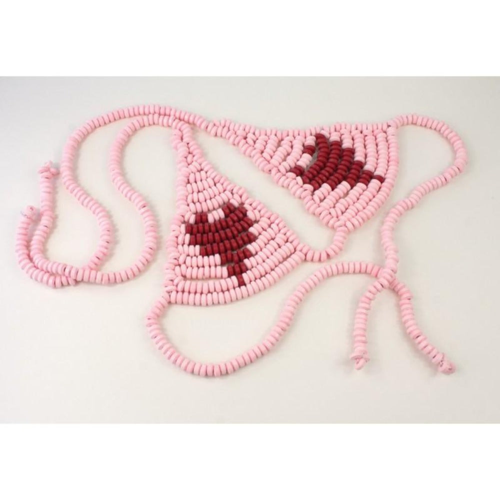 Pink candy g-string bra with red heart details.