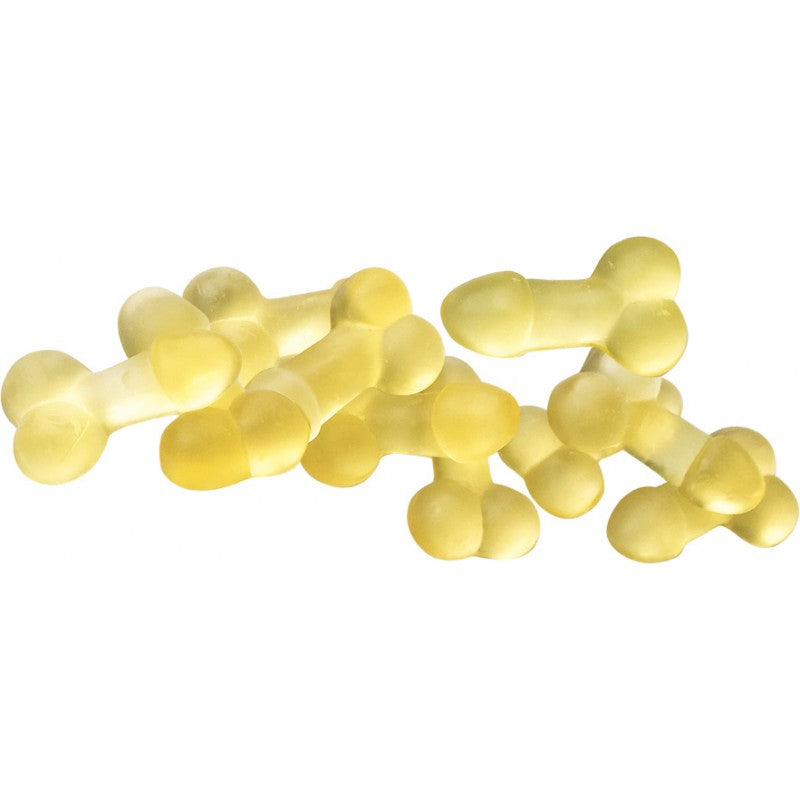 Yellow penis-shaped gummies with a champagne flavor.