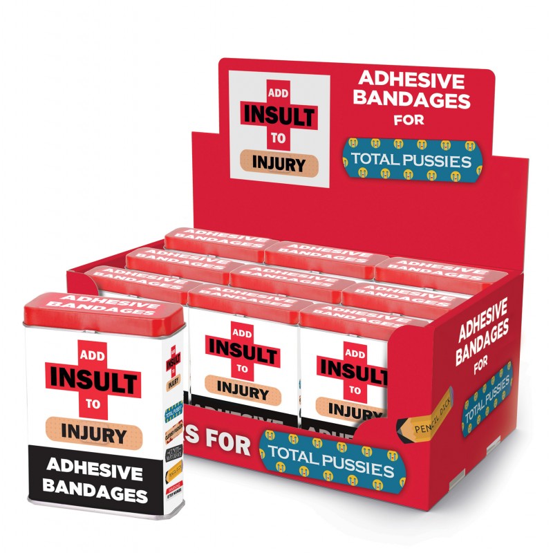 Tin of novelty adhesive bandages with "Add Insult to Injury" and "Total Pussies" text.