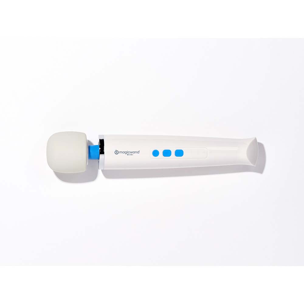 A white Magic Wand Mini massager with a blue accent and three blue buttons.