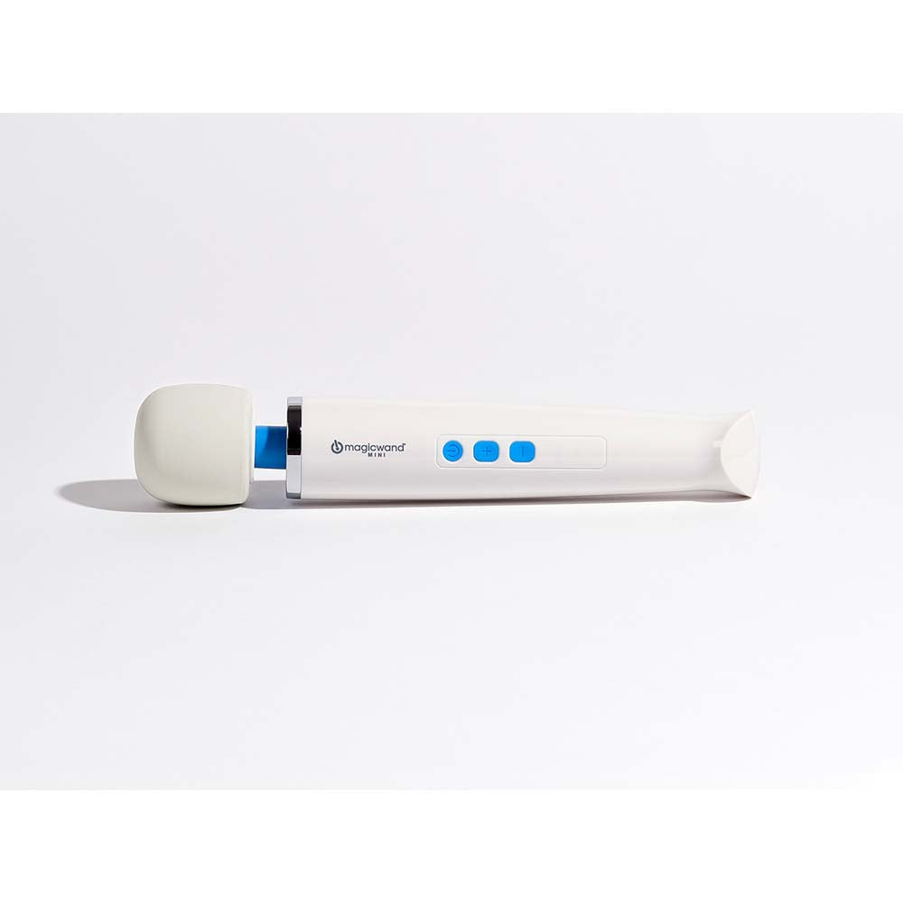 Magic Wand Mini rechargeable personal massager in white with blue buttons.