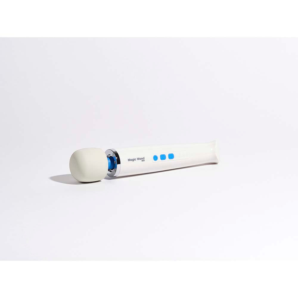 A white Magic Wand Mini personal massager with blue buttons.