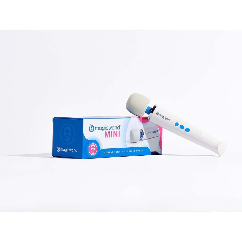 Magic Wand Mini rechargeable personal massager with a white body and blue buttons.