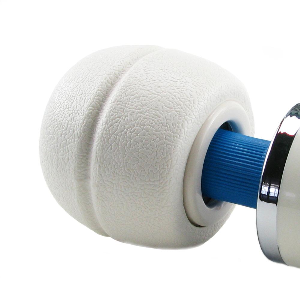 White textured head of a corded personal massager with a blue ribbed insert.