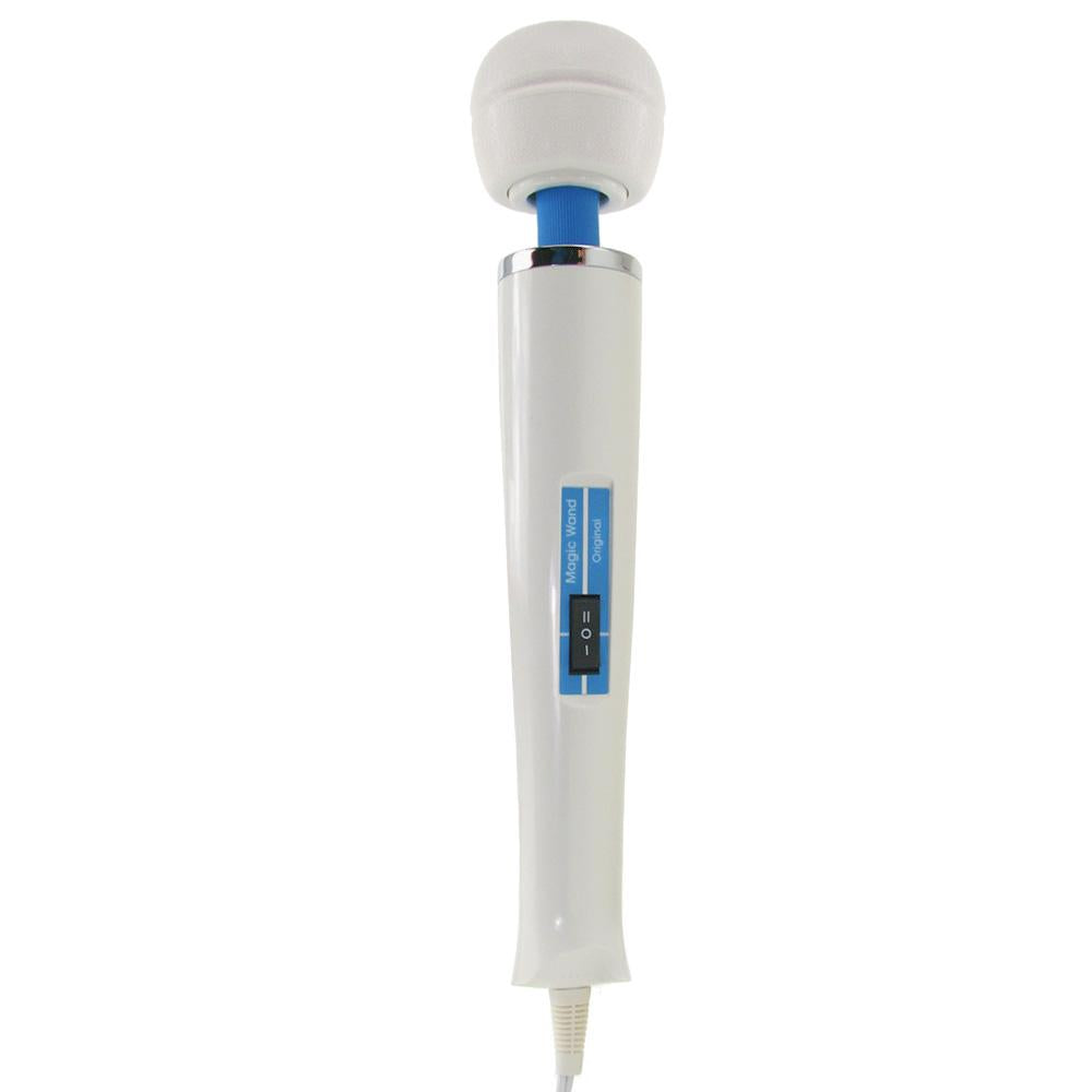 White Magic Wand Original corded personal massager with blue accents and a power switch.