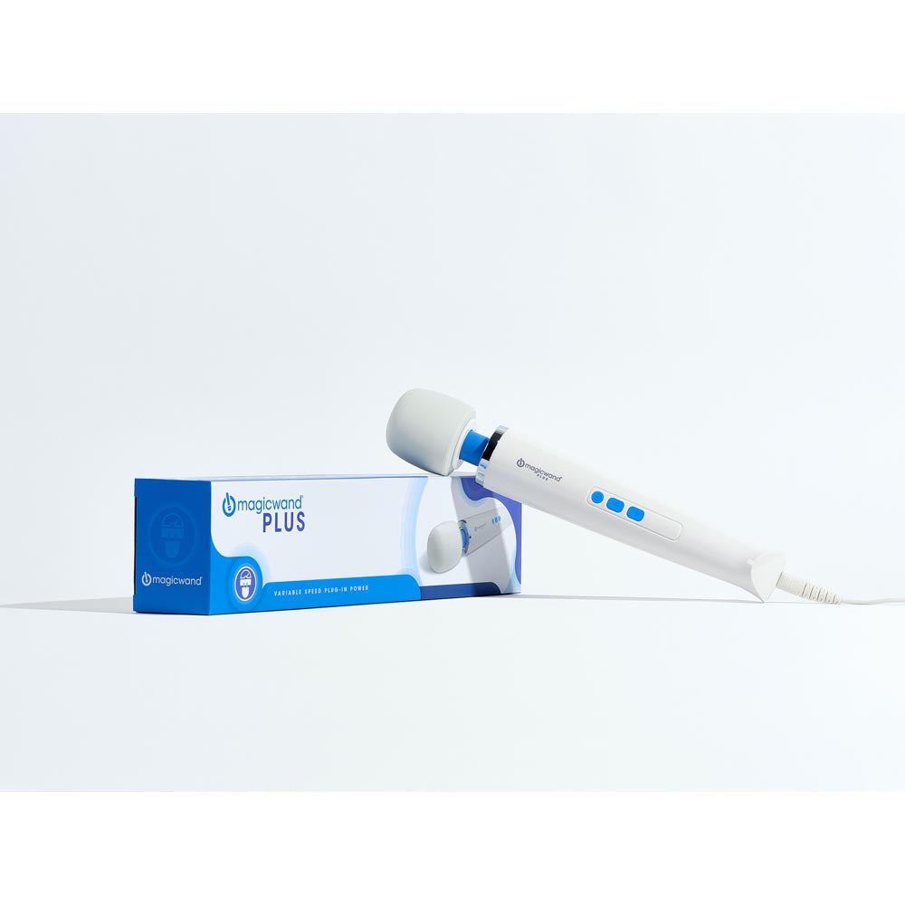 Magic Wand Plus electric massager with its box.