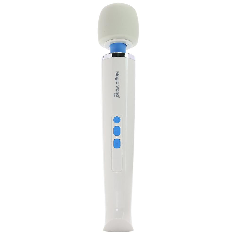 White Magic Wand Plus massager with blue buttons and a beige head.