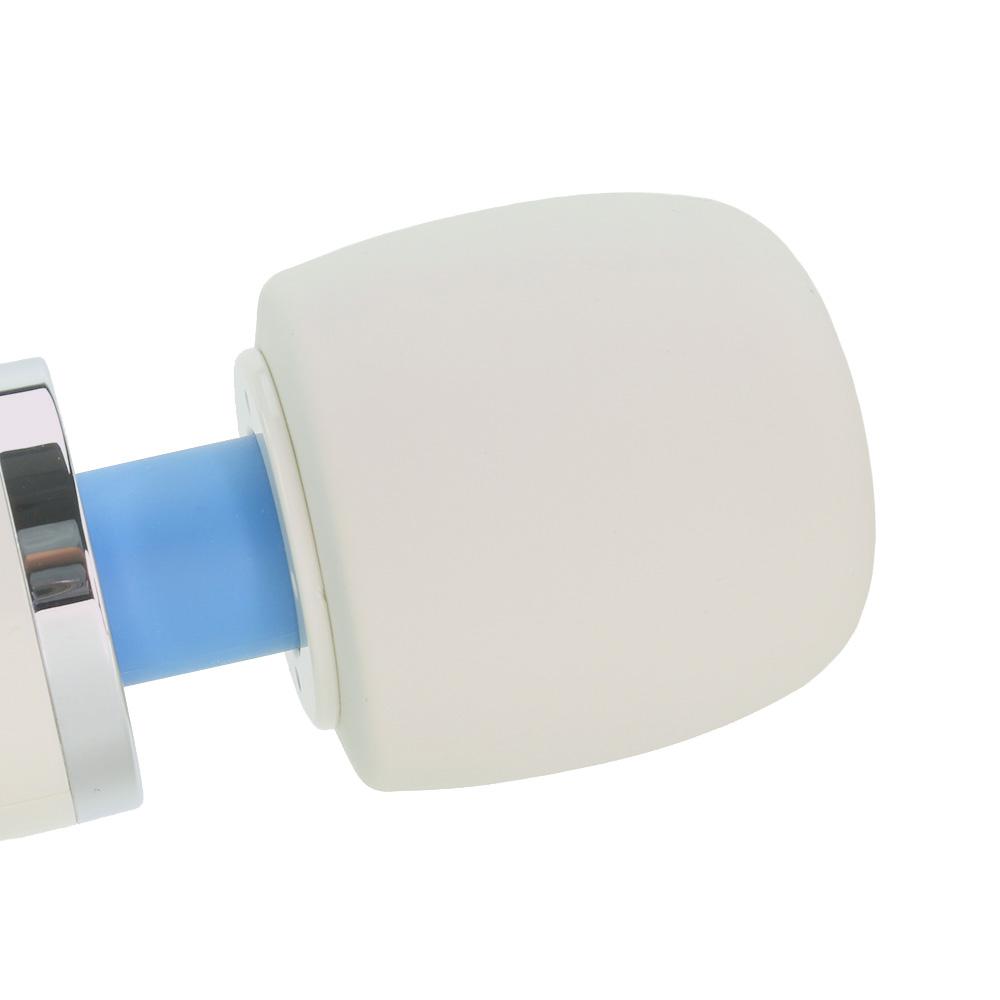 A white and blue rechargeable massager with a silicone head.