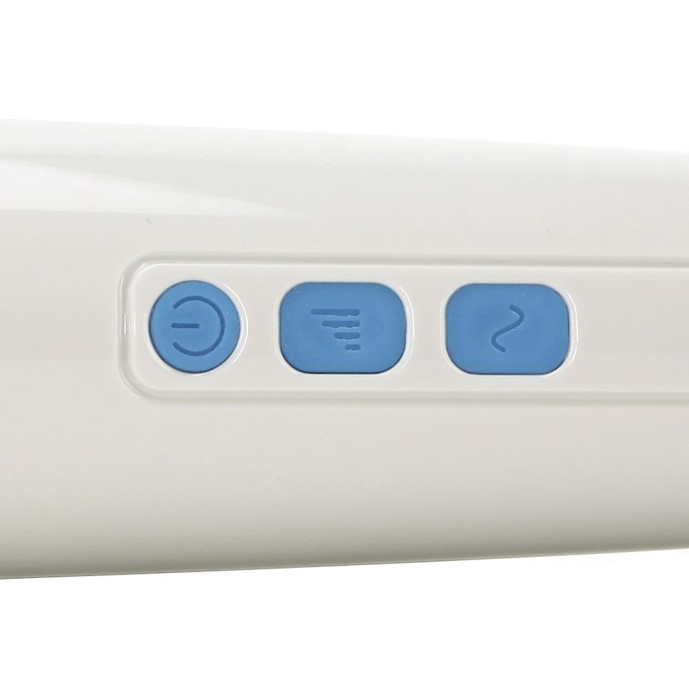 White device with three blue buttons: power, vibration intensity, and pattern.