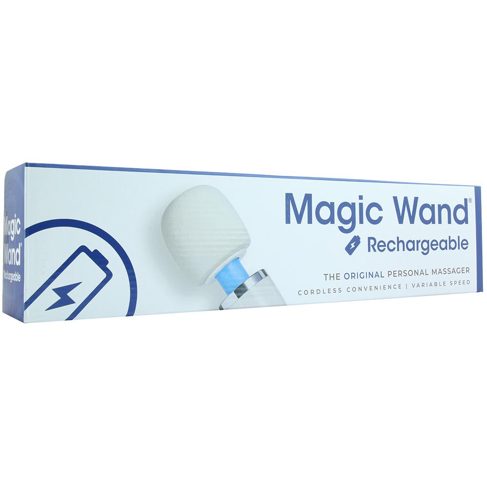 Magic Wand Rechargeable massager with a white head and blue light.
