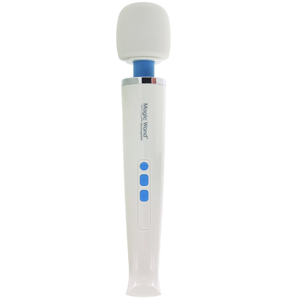 White Magic Wand rechargeable massager with blue accents and buttons.