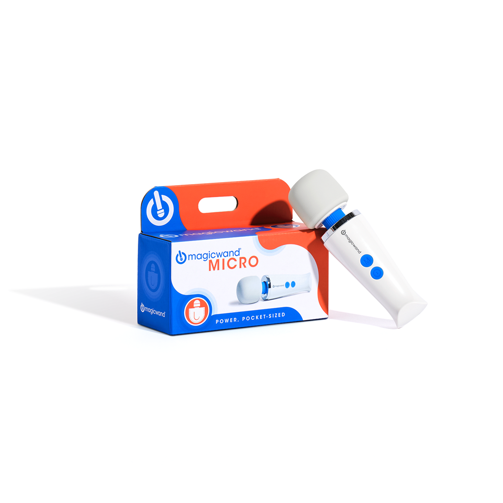 Magic Wand Micro rechargeable mini massager in white with blue accents next to its box.
