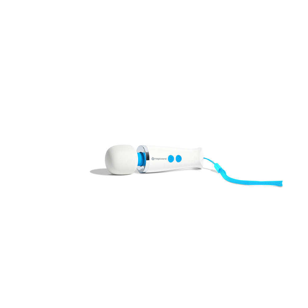 A white Magic Wand massager with blue accents and a blue wrist strap.