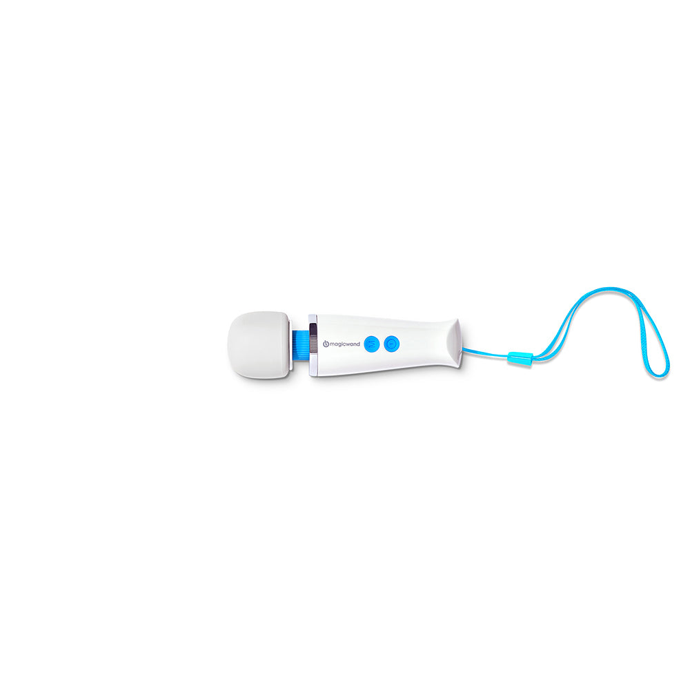 White and blue Magic Wand massager with a blue wrist strap.