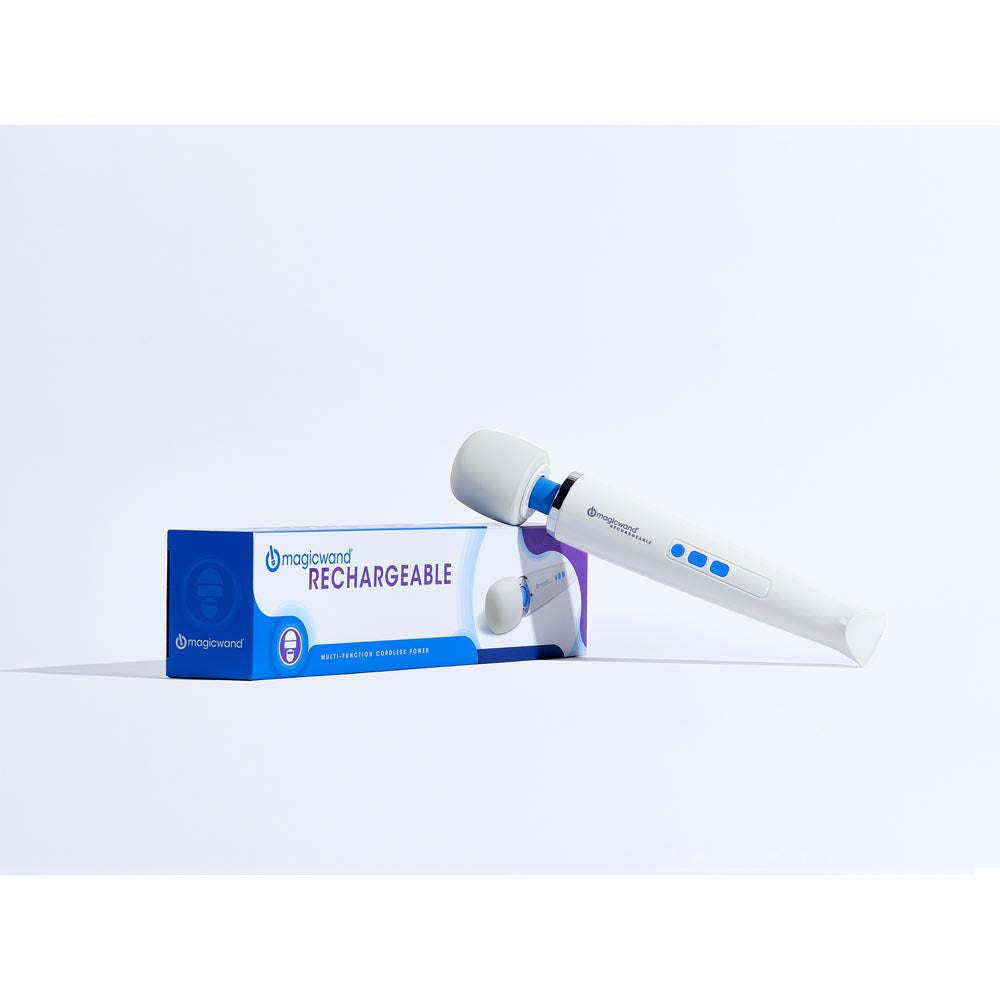 A white Magic Wand Rechargeable massager with a blue and white box.