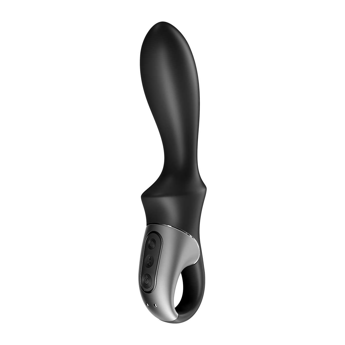 Black anal vibrator with silver control panel and loop.