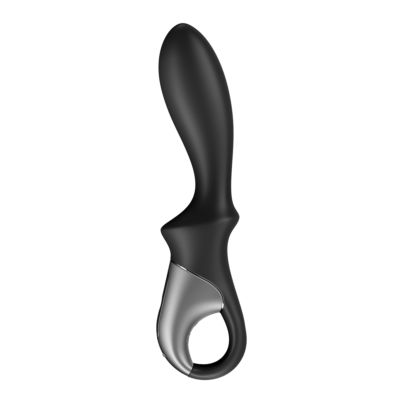 Black and silver anal vibrator with a curved handle and a loop at the end.