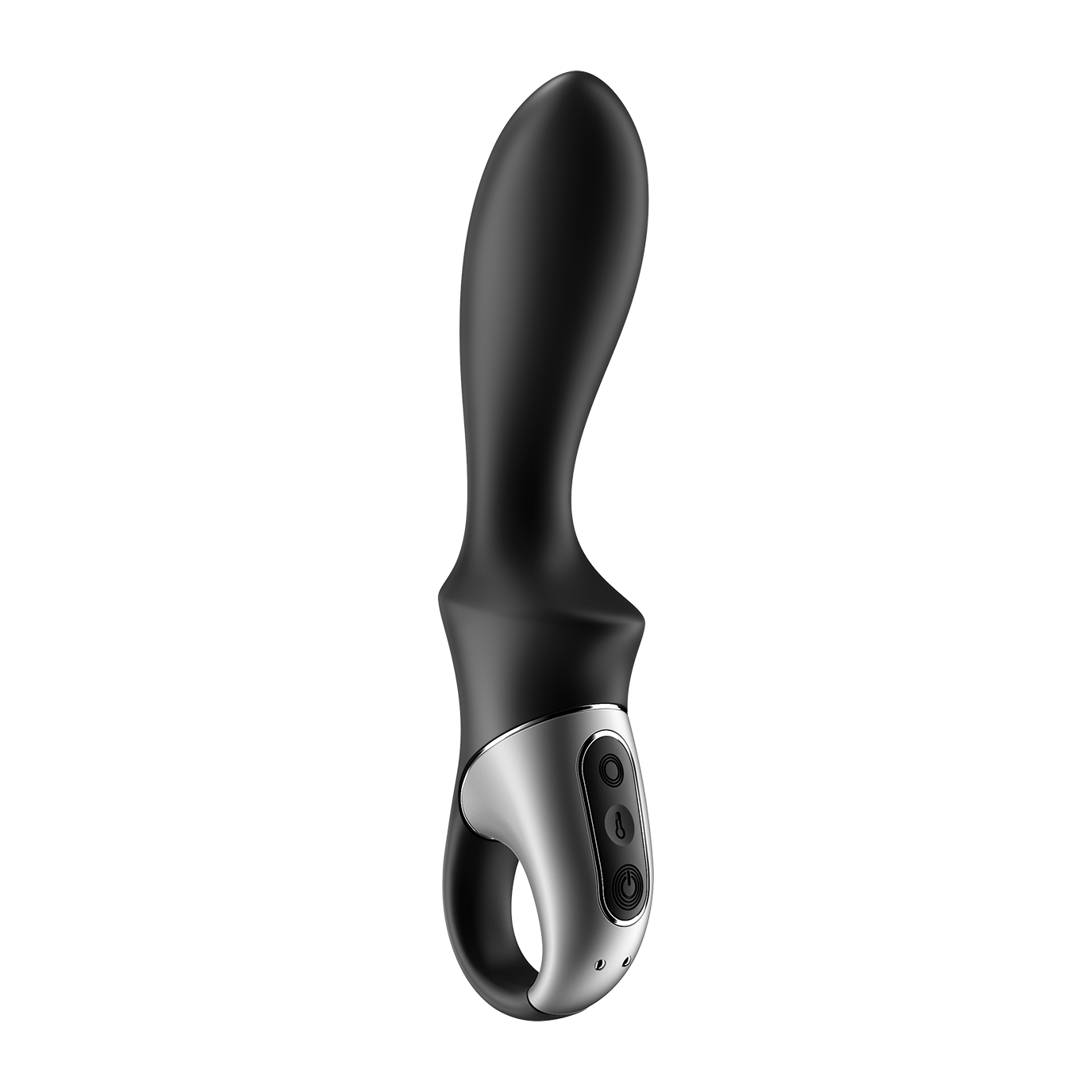 Black anal vibrator with a silver control panel and a loop handle.