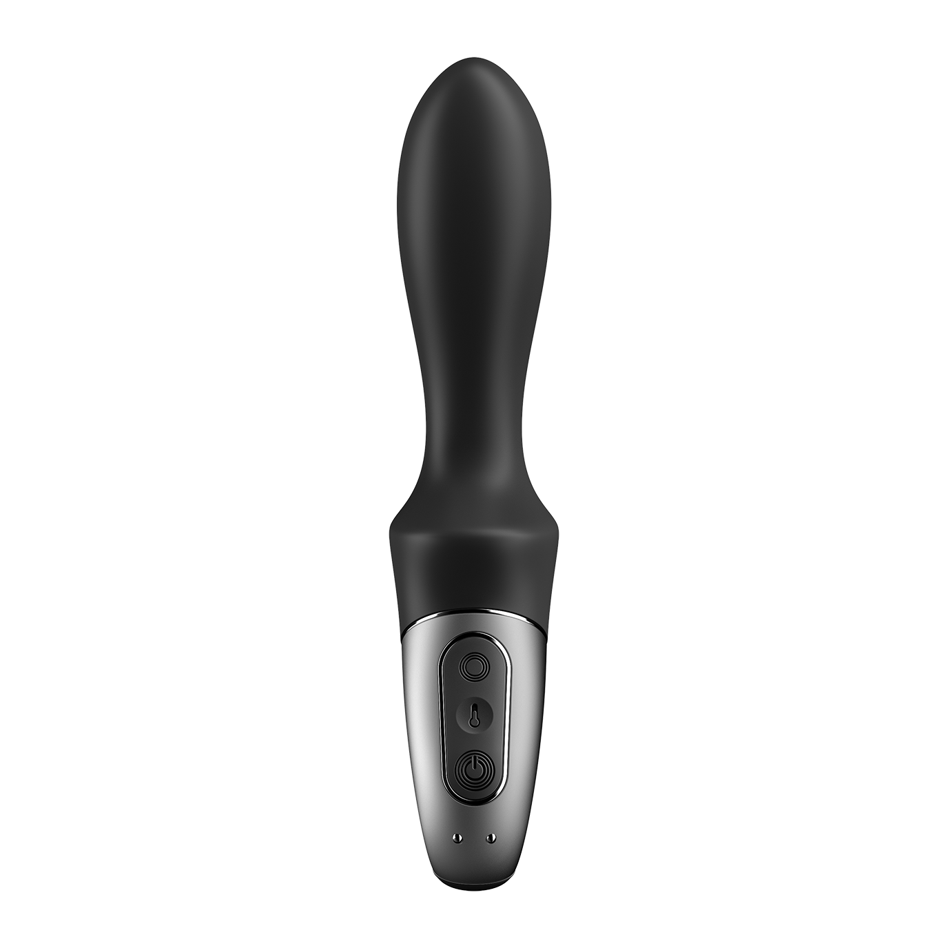 Black anal vibrator with silver control panel and buttons.