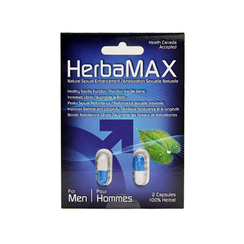 HerbaMAX Canada natural male sexual support supplement with two capsules.