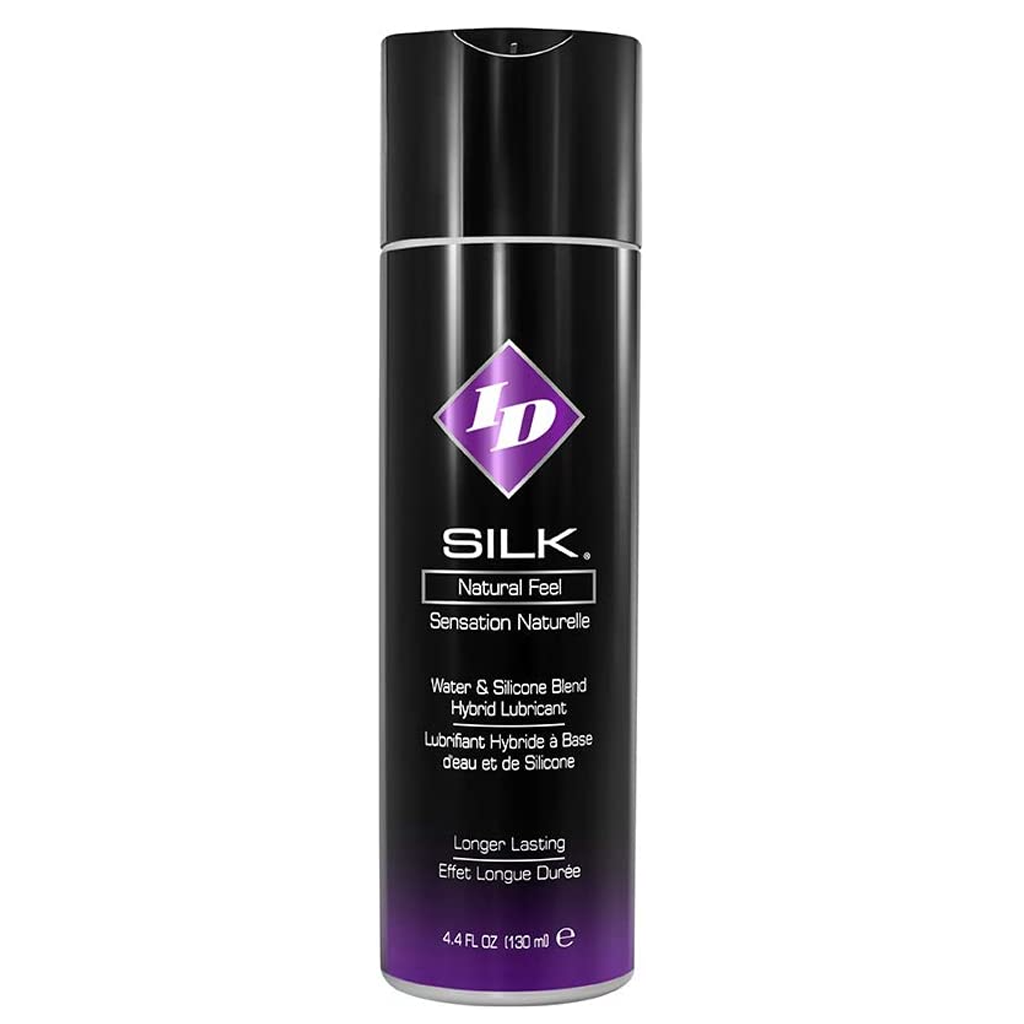 ID Lubricants Silk Hybrid lubricant, 4.4 fl oz, in a black bottle with purple accents.