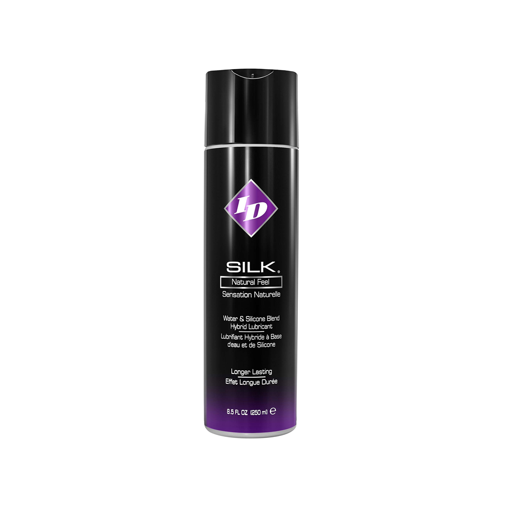 ID Lubricants Silk Natural Feel hybrid lubricant in a black bottle.
