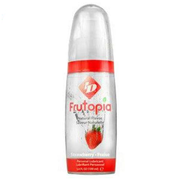 Frutopia Strawberry flavored water-based lubricant in a clear bottle with a red band.