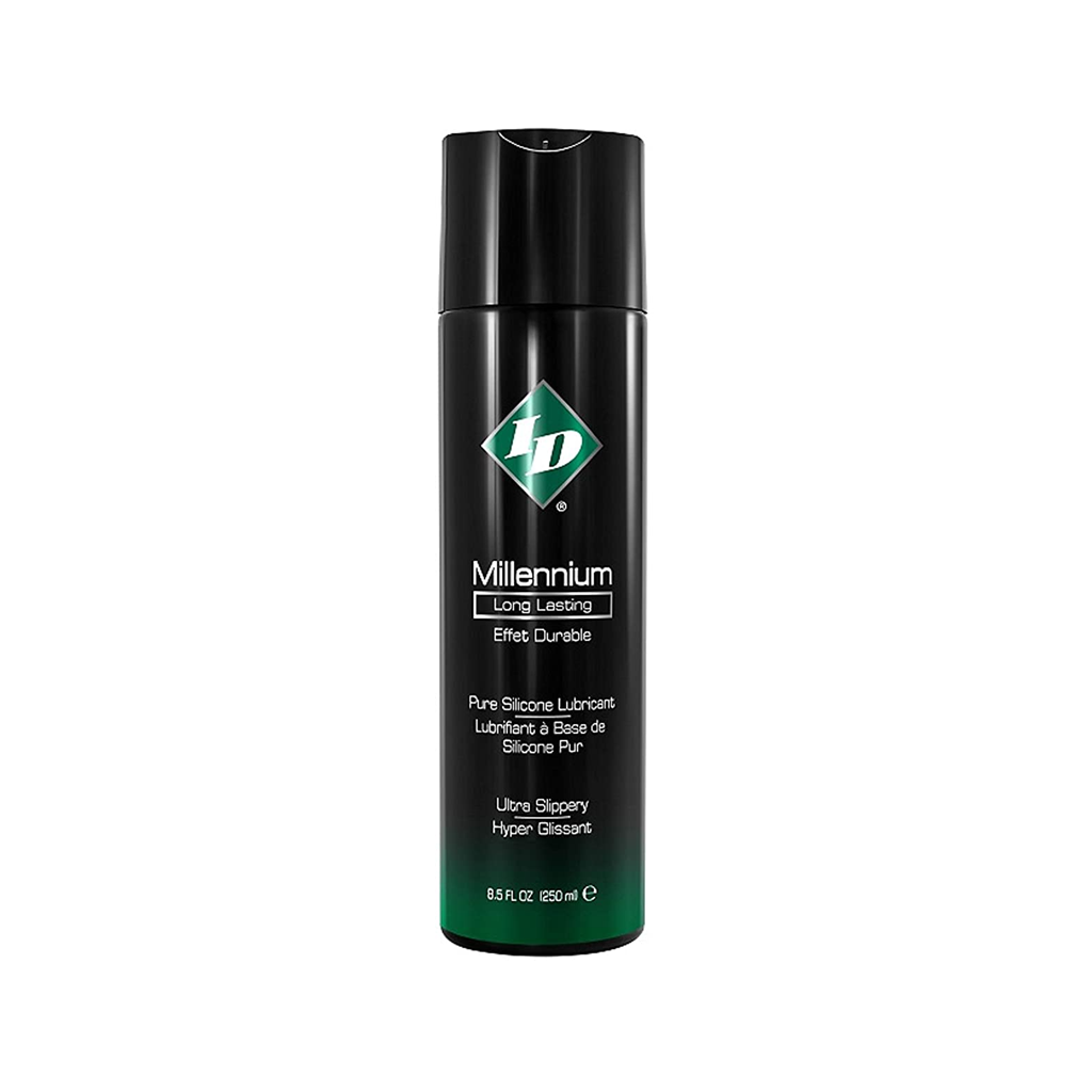 Millennium Long Lasting Silicone Lubricant in a black bottle with green logo.