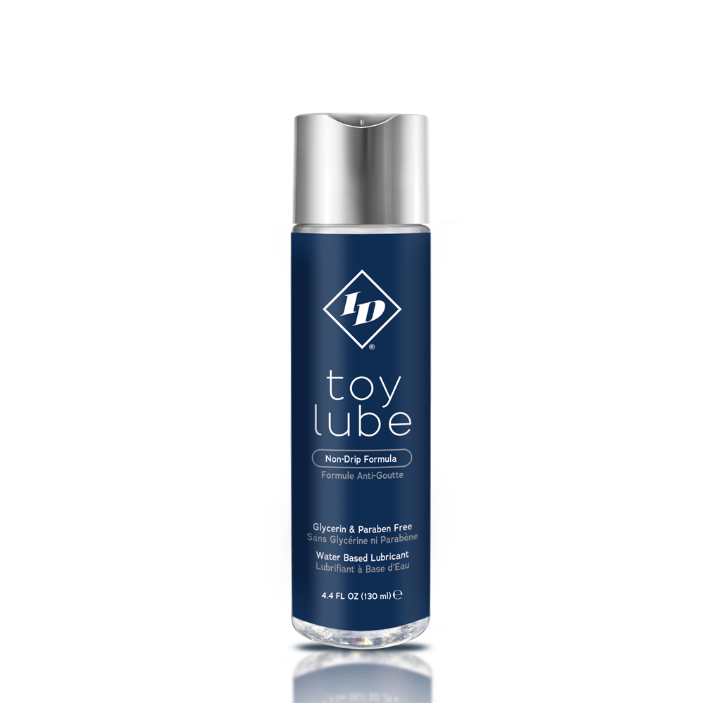 ID Lubricants water based toy lube in a dark blue bottle with a silver cap.