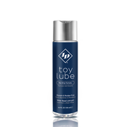 ID Lubricants water based toy lube in a dark blue bottle with a silver cap.