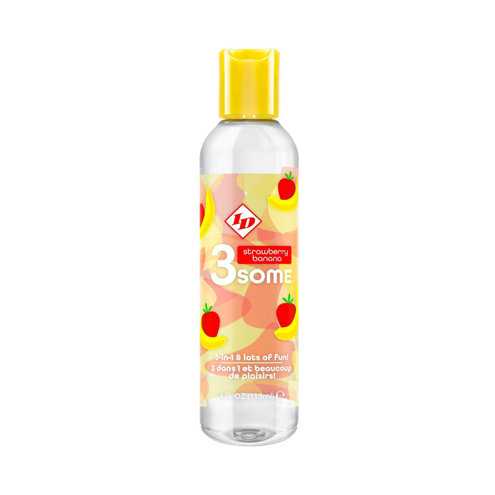 A bottle of ID Lubricants Strawberry Banana Warming Lube with a yellow cap.