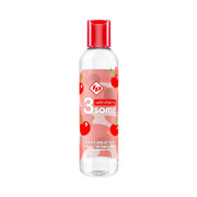 A clear bottle of ID Lubricants Wild Cherry Warming 3-in-1 Massage Lube with a red cap and cherry pattern.