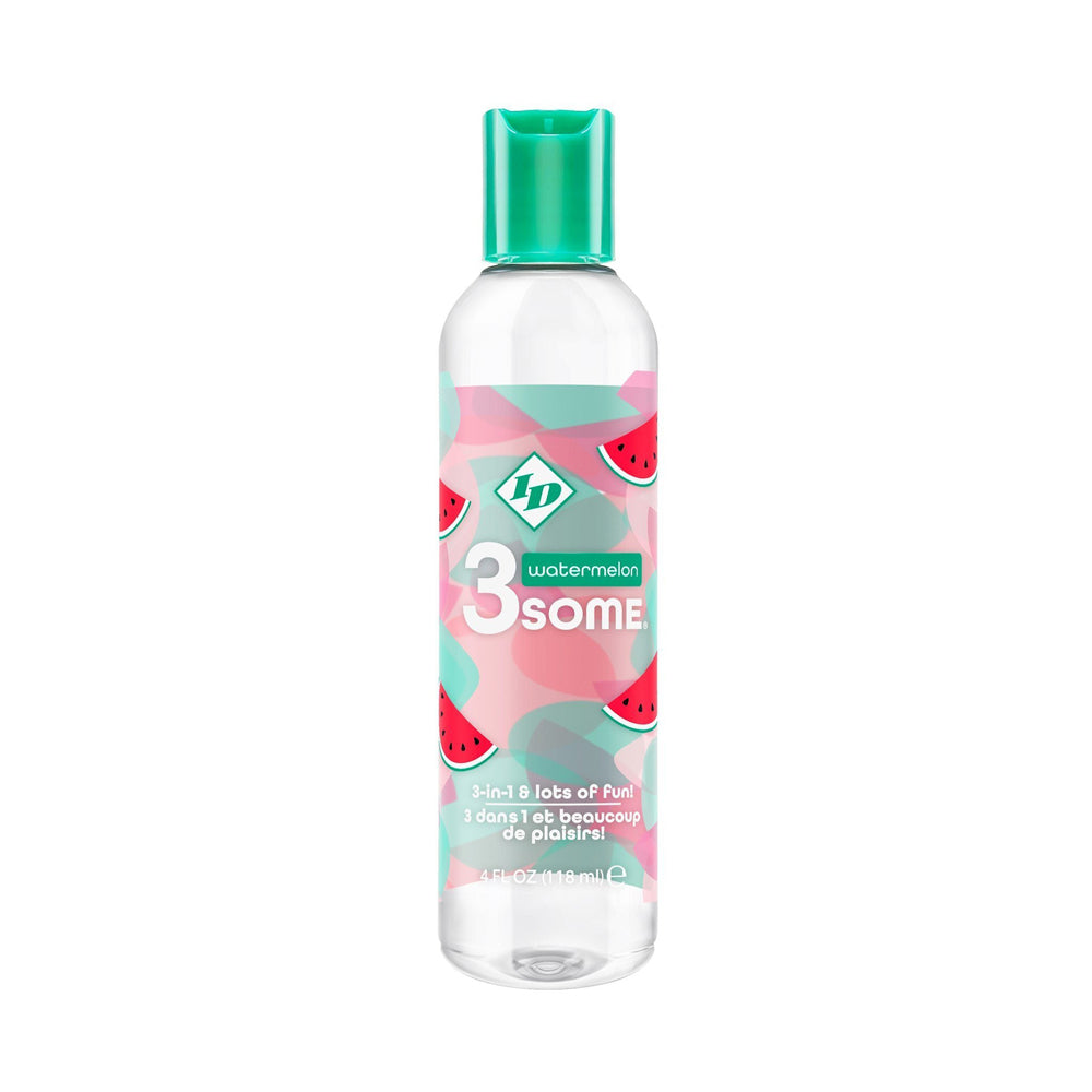 A clear bottle of ID Lubricants watermelon flavored 3-in-1 body topping with watermelon slices on the label.
