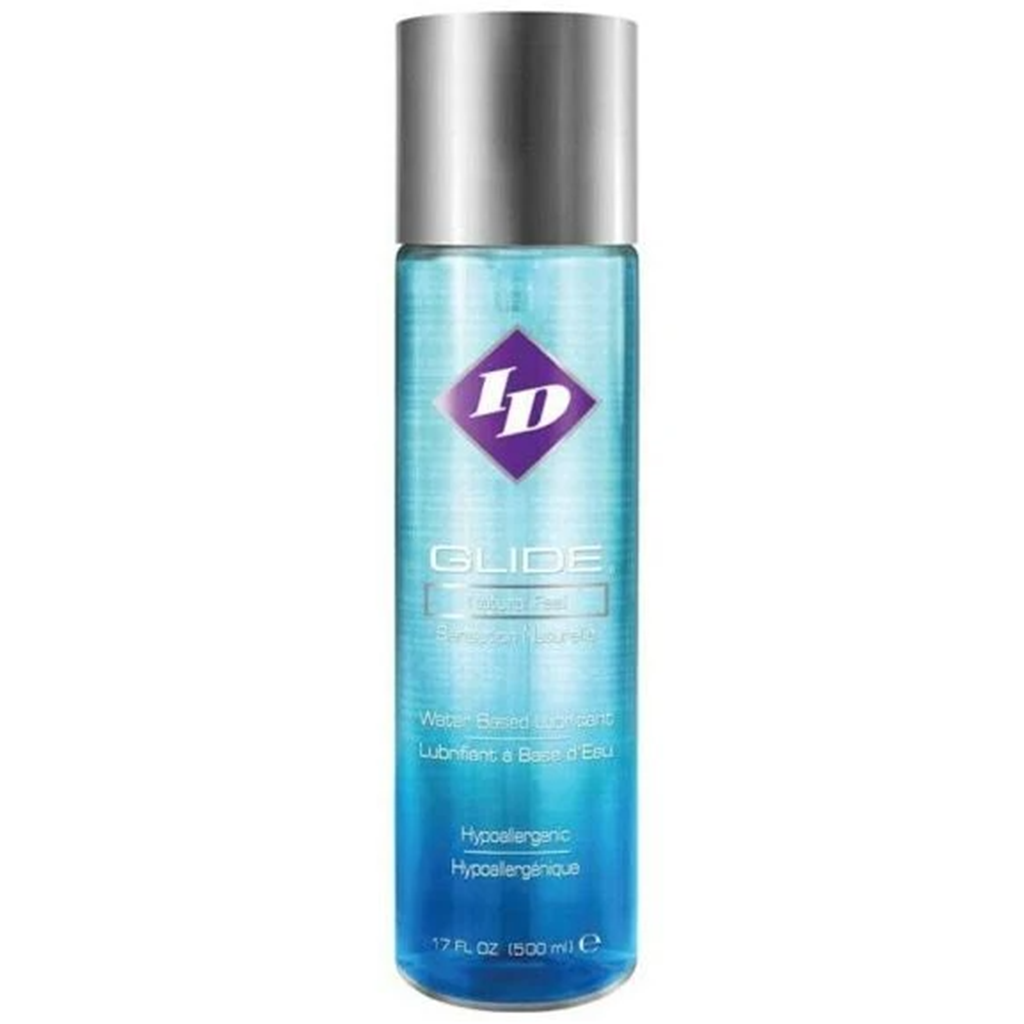 ID Glide water-based personal lubricant in a clear bottle with a silver cap.