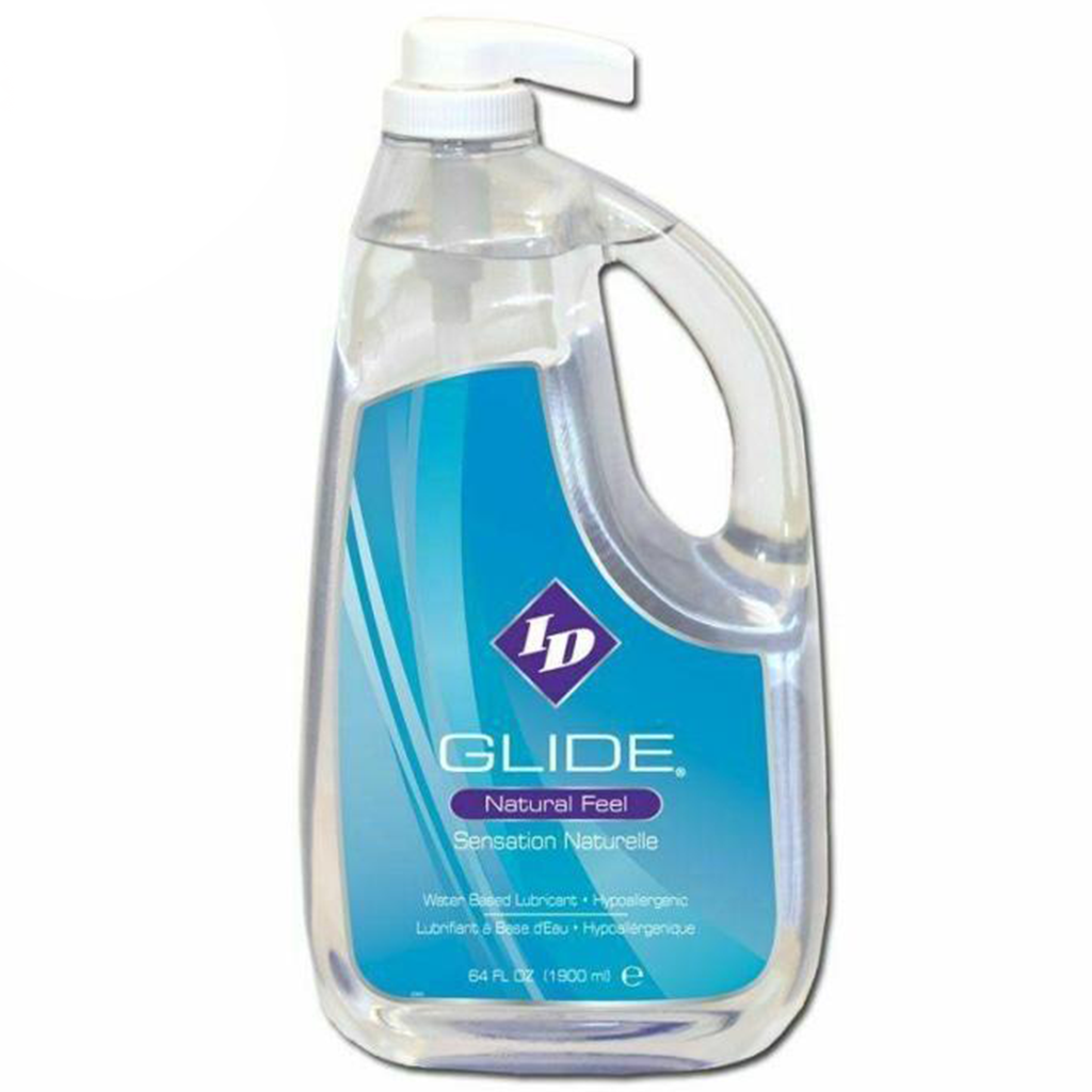 ID Glide water-based personal lubricant in a 64 fl oz pump bottle.