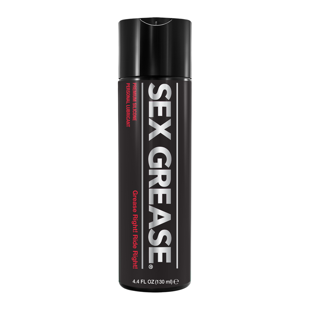 Black bottle of Sex Grease premium silicone personal lubricant.