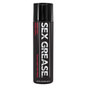 A black bottle of Sex Grease premium silicone personal lubricant.