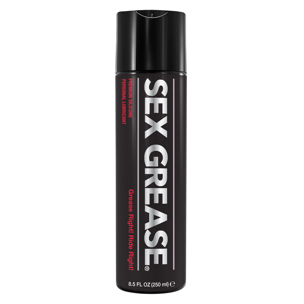 A black bottle of Sex Grease premium silicone personal lubricant.