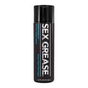 A black bottle of Sex Grease water-based personal lubricant.