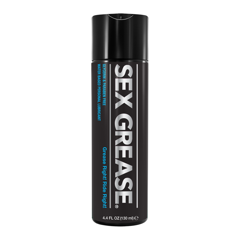 A black bottle of Sex Grease water-based personal lubricant.