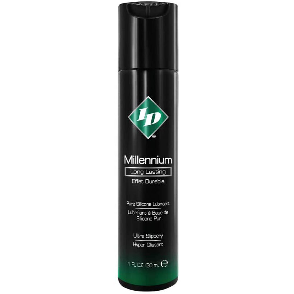 ID Millennium Long Lasting silicone lubricant in a black bottle.