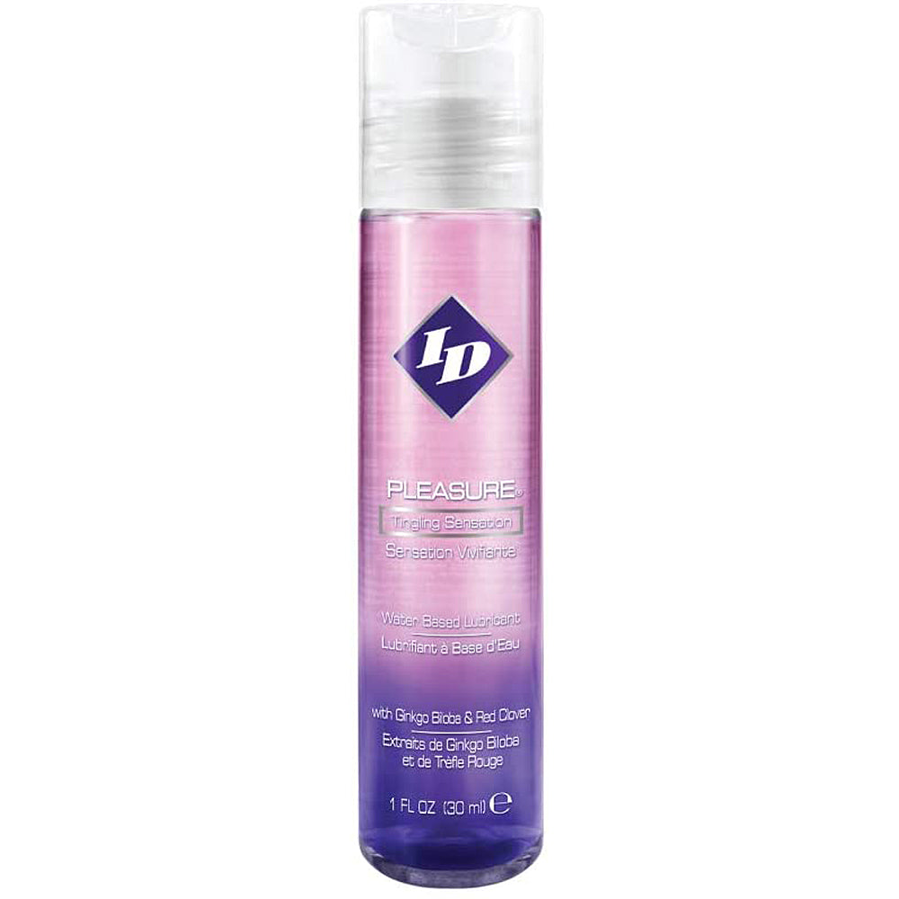 ID Pleasure water-based tingling lubricant in a pink and purple bottle.