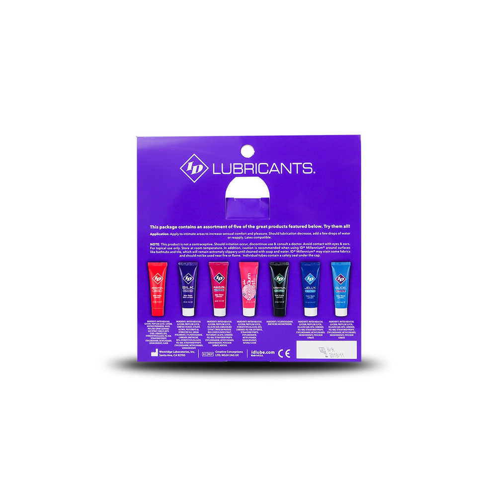 Assorted lubricant sampler pack with five water and silicone tubes from ID Lubricants.