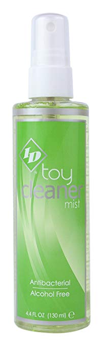 ID Lubricants antibacterial toy cleaner mist in a clear bottle with a green label.