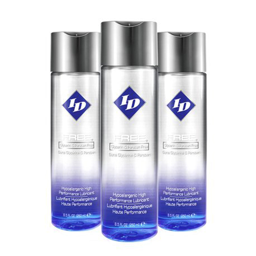 Three bottles of ID Lubricants water-based personal lubricant.