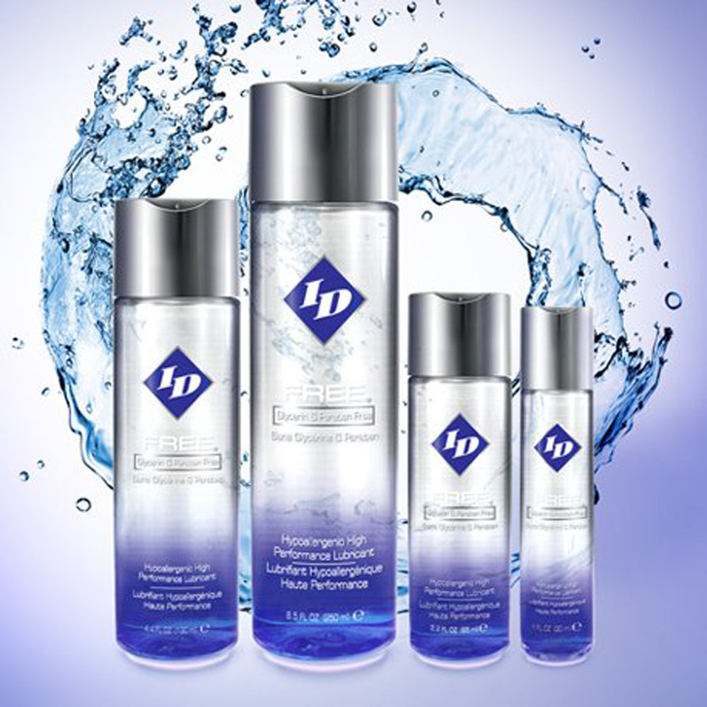 Four bottles of ID Lubricants water-based personal lubricant with blue and silver labels.