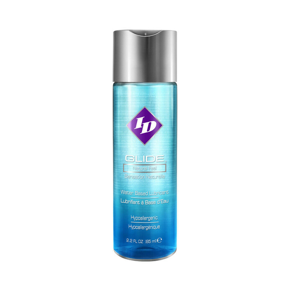 ID Glide water-based lubricant in a blue bottle with a silver cap.