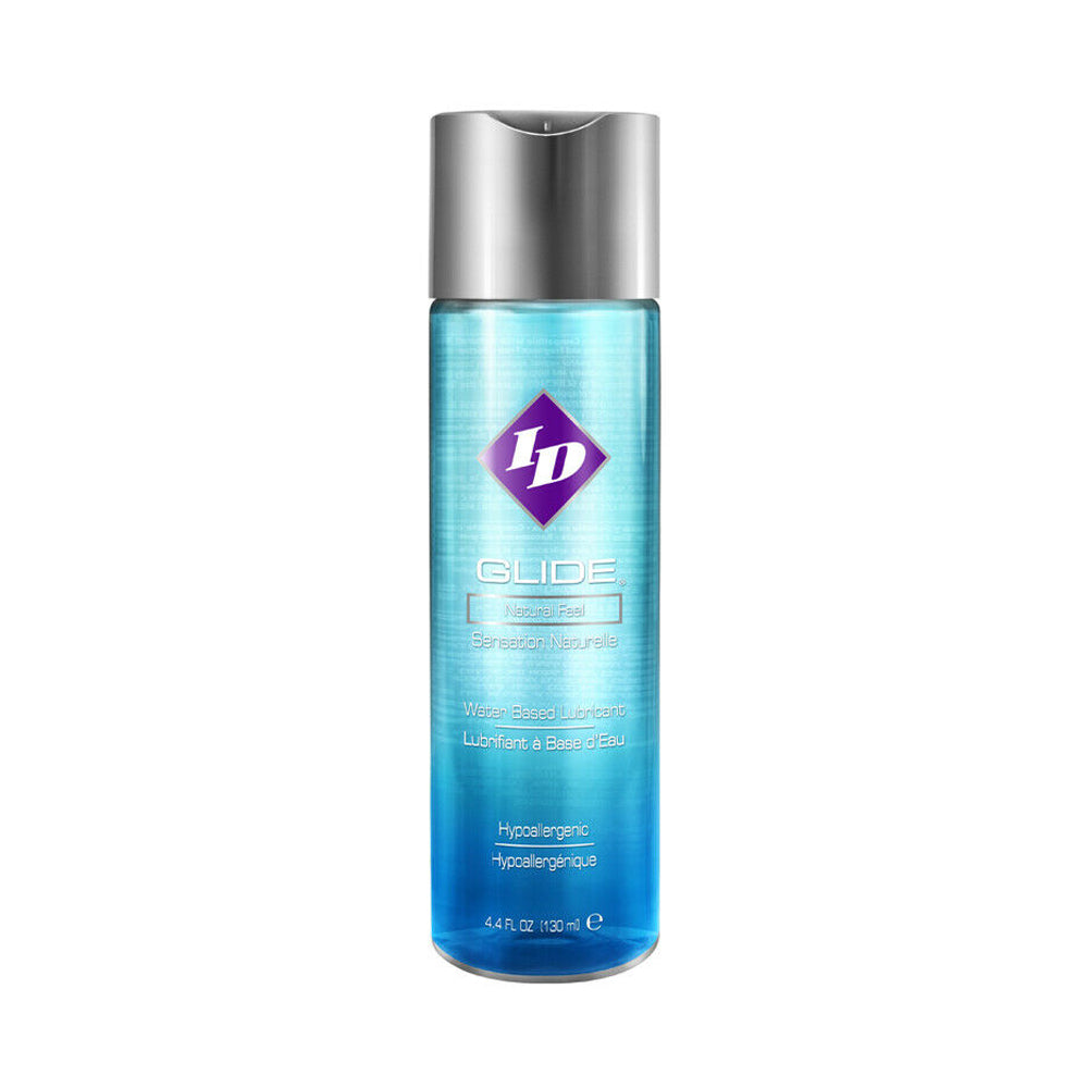 ID Glide water-based personal lubricant in a blue bottle with a silver cap.